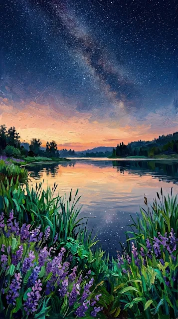 Impressionistic Lakeside at Twilight with Reeds and Starry Sky - Free 4K & 8K mobile Wallpaper