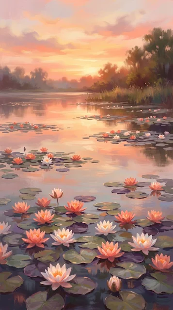 Impressionistic Sunset Lagoon with Blooming Water Lilies - Free 4K & 8K mobile Wallpaper
