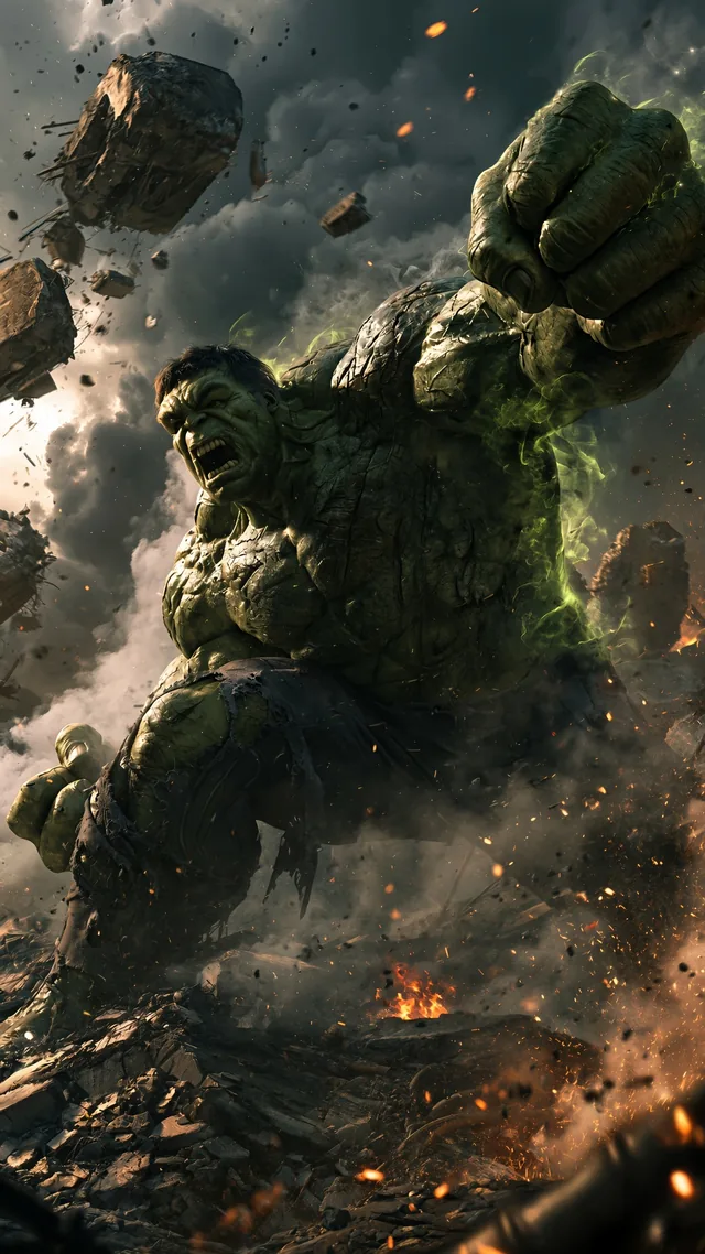 Muscular green Hulk roaring and punching forward among exploding rocks, fire sparks, and smoke.
