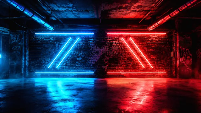 An industrial brick room featuring glowing cyan neon bars on the left and bright red neon bars on the right reflecting on concrete.