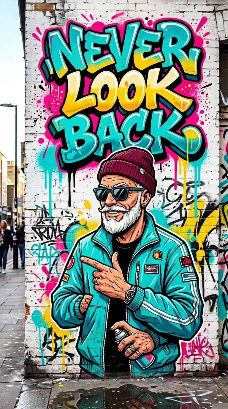 Download Inspiring Never Look Back Graffiti Mural with Stylized Hipster Character Wallpaper in 4K UHD Inspiring Never Look Back Graffiti Mural with Stylized Hipster Character - Free 8K and 4K mobile Wallpaper Background