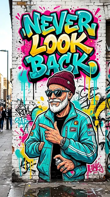 Inspiring Never Look Back Graffiti Mural with Stylized Hipster Character - Free 4K & 8K mobile Wallpaper