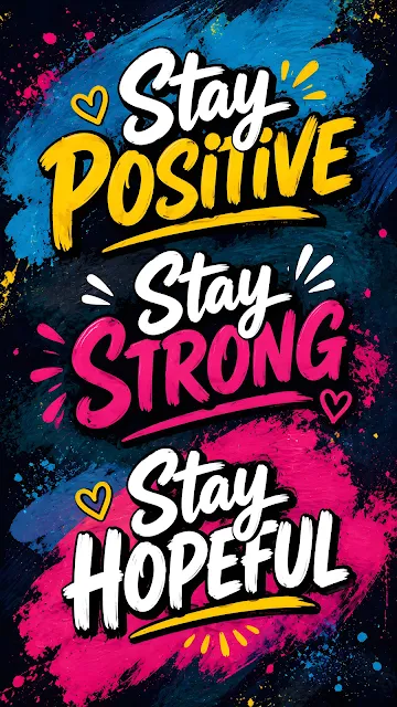 Colorful collage with motivational text including 'Stay Positive', 'Stay Strong', and 'Stay Hopeful' on an abstract paint splatter background.