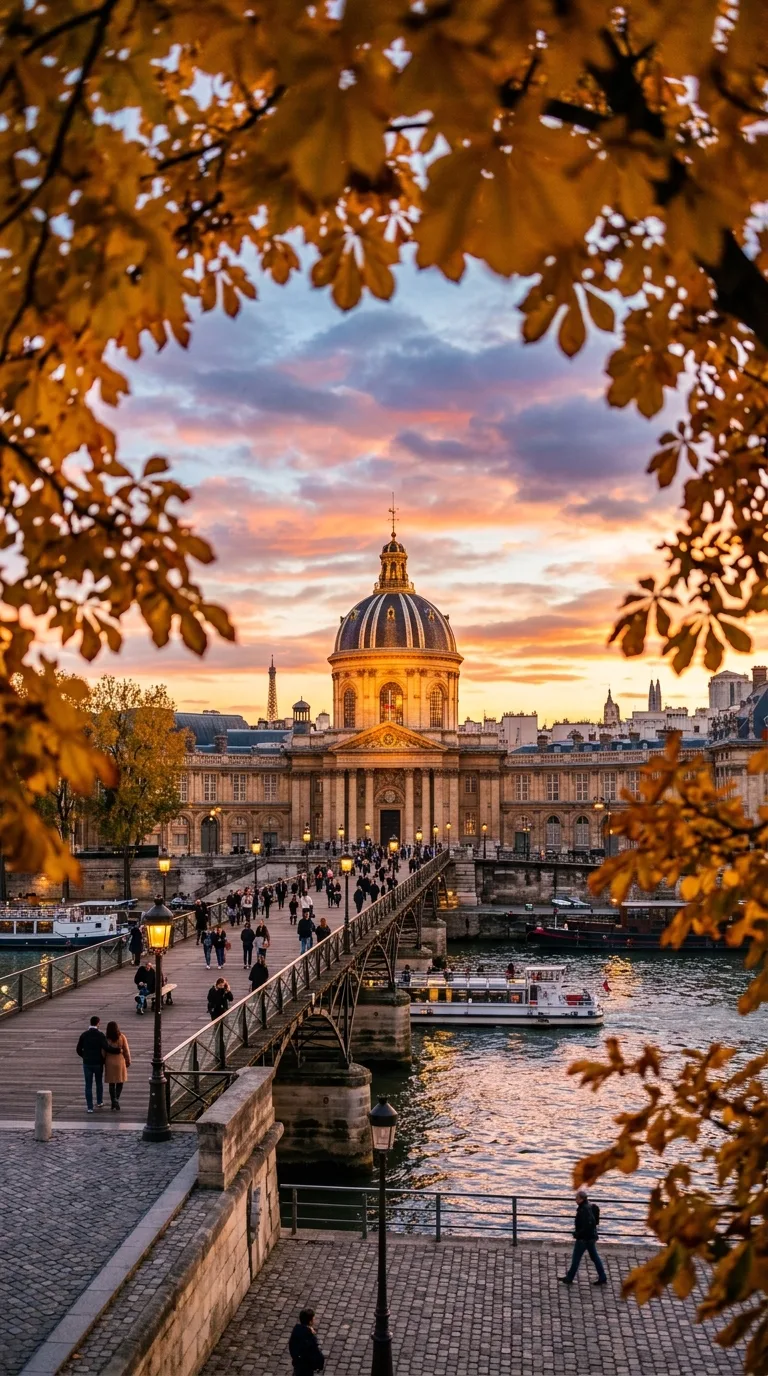 Institut de France in Paris Framed by Autumn Leaves at Sunset - Free 8K and 4K mobile Wallpaper Background