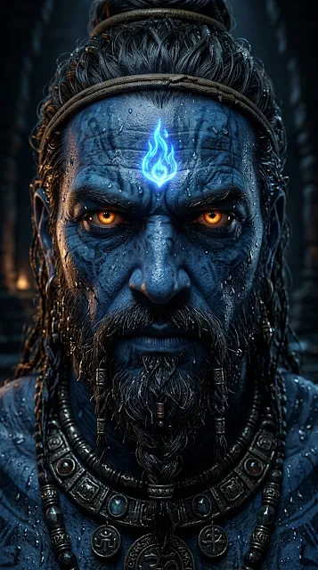 Intense and Detailed 3D Close-up of a Blue-Skinned Deity - Free 4K & 8K mobile Wallpaper