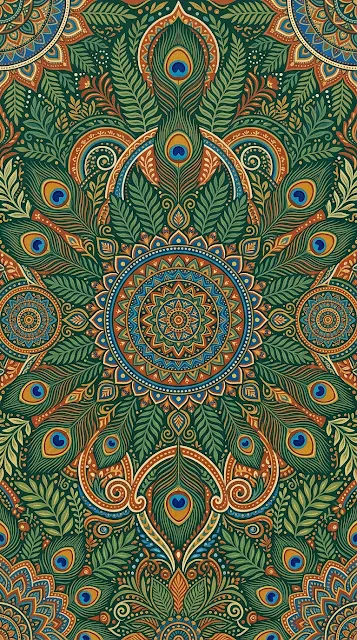 Intricate Colorful Folk Art Painting with Peacock and Mandala Motifs - Free 4K & 8K mobile Wallpaper
