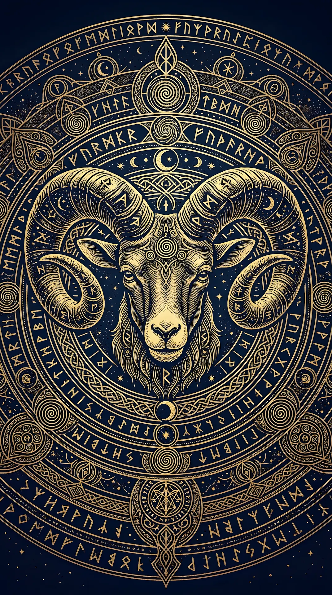 Intricate Golden Ram Head with Esoteric Symbols - Free 4K mobile Wallpaper