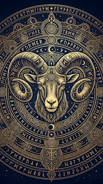 Intricate Golden Ram Head with Esoteric Symbols - Free mobile Wallpaper