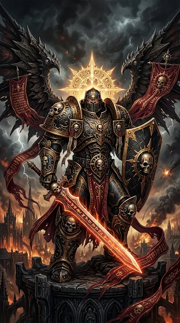 Intricate Gothic Armored Warrior with Golden Halos and Skulls - Free 4K & 8K mobile Wallpaper