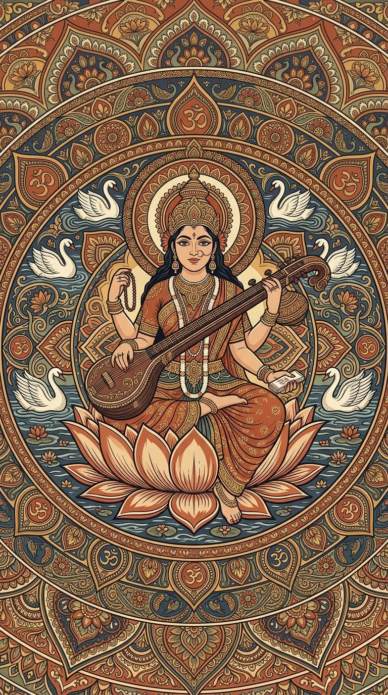 Download Intricate Illustration of Goddess Saraswati with Veena Wallpaper in 4K UHD Intricate Illustration of Goddess Saraswati with Veena - Free 8K and 4K mobile Wallpaper Background