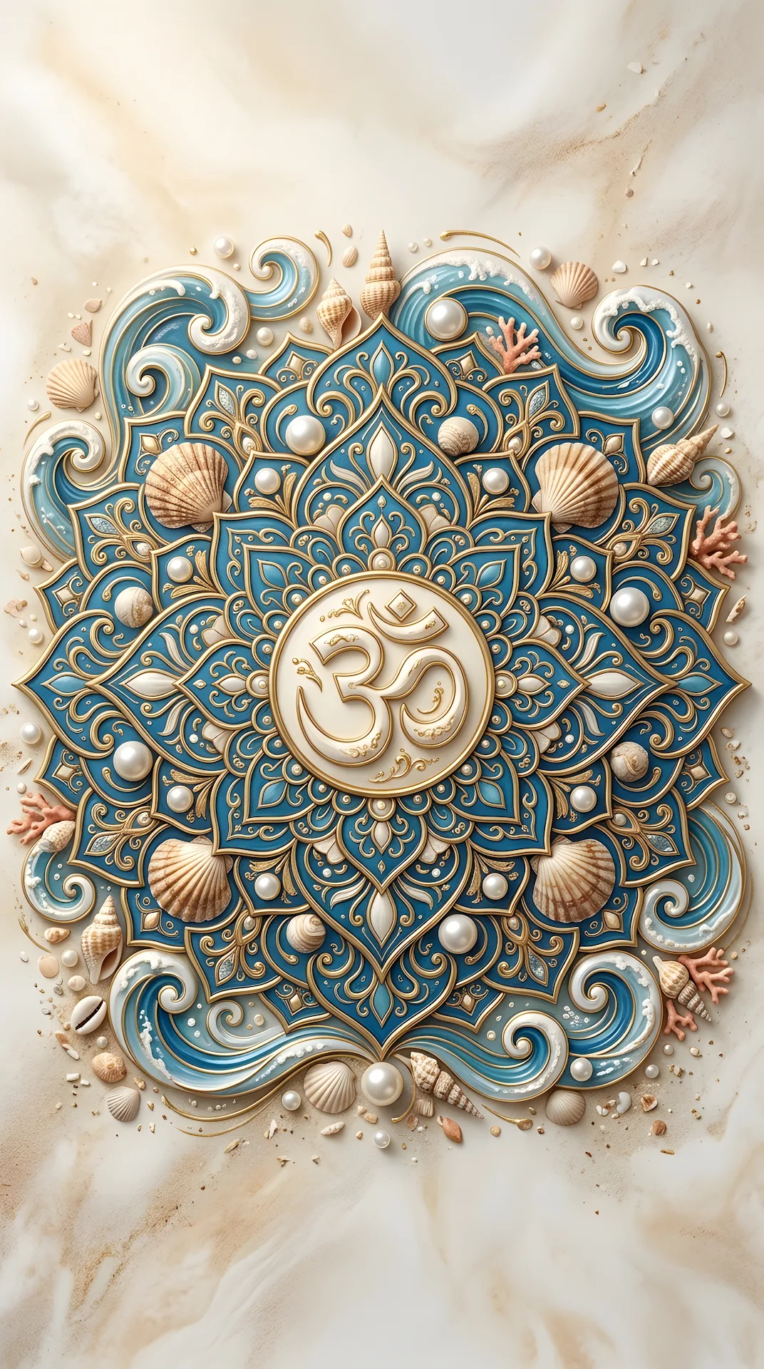 Intricate Mandala Featuring Om Symbol with Sea Shells and Coastal Textures - Free 4K mobile Wallpaper