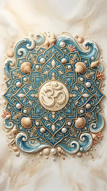 Intricate Mandala Featuring Om Symbol with Sea Shells and Coastal Textures - Free mobile Wallpaper