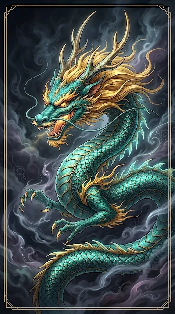 Intricate Mythical Teal Dragon with Golden Accents - Free mobile Wallpaper