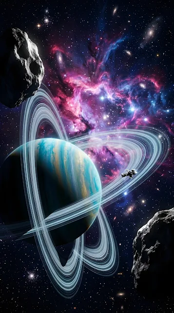Intricate Sci-Fi Celestial Scene with Ringed Planet - Free mobile Wallpaper