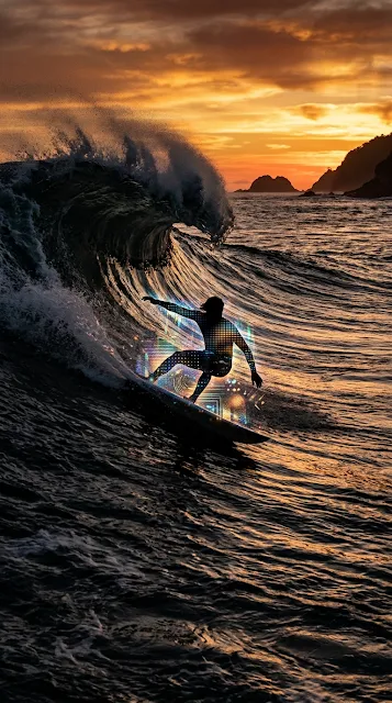 Iridescent Digital Surfer Silhouette Riding Sunset Wave - Free 4K & 8K mobile Wallpaper