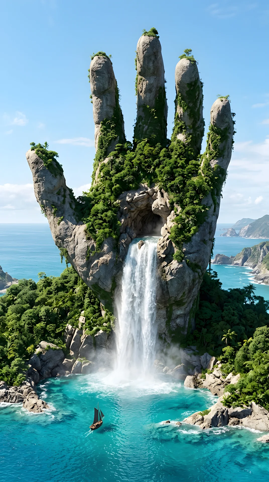 Island Shaped Like a Giant Stone Hand with Waterfall and Tunnel - Free 4K mobile Wallpaper