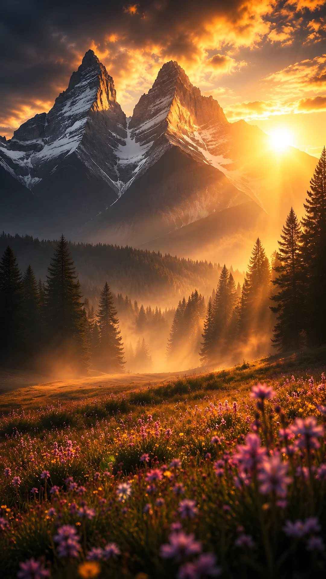Jagged Alpine Mountain Peaks over Wildflower Meadow at Golden Sunset - Free 4K mobile Wallpaper