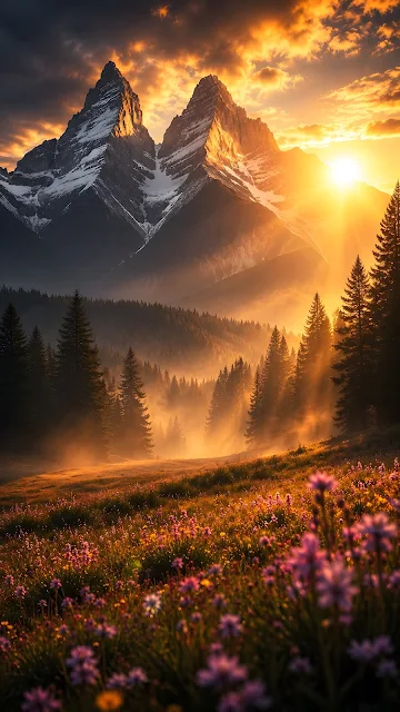Dramatic twin mountain peaks lit by golden sunset light rising above a meadow filled with purple wildflowers and pine forests.