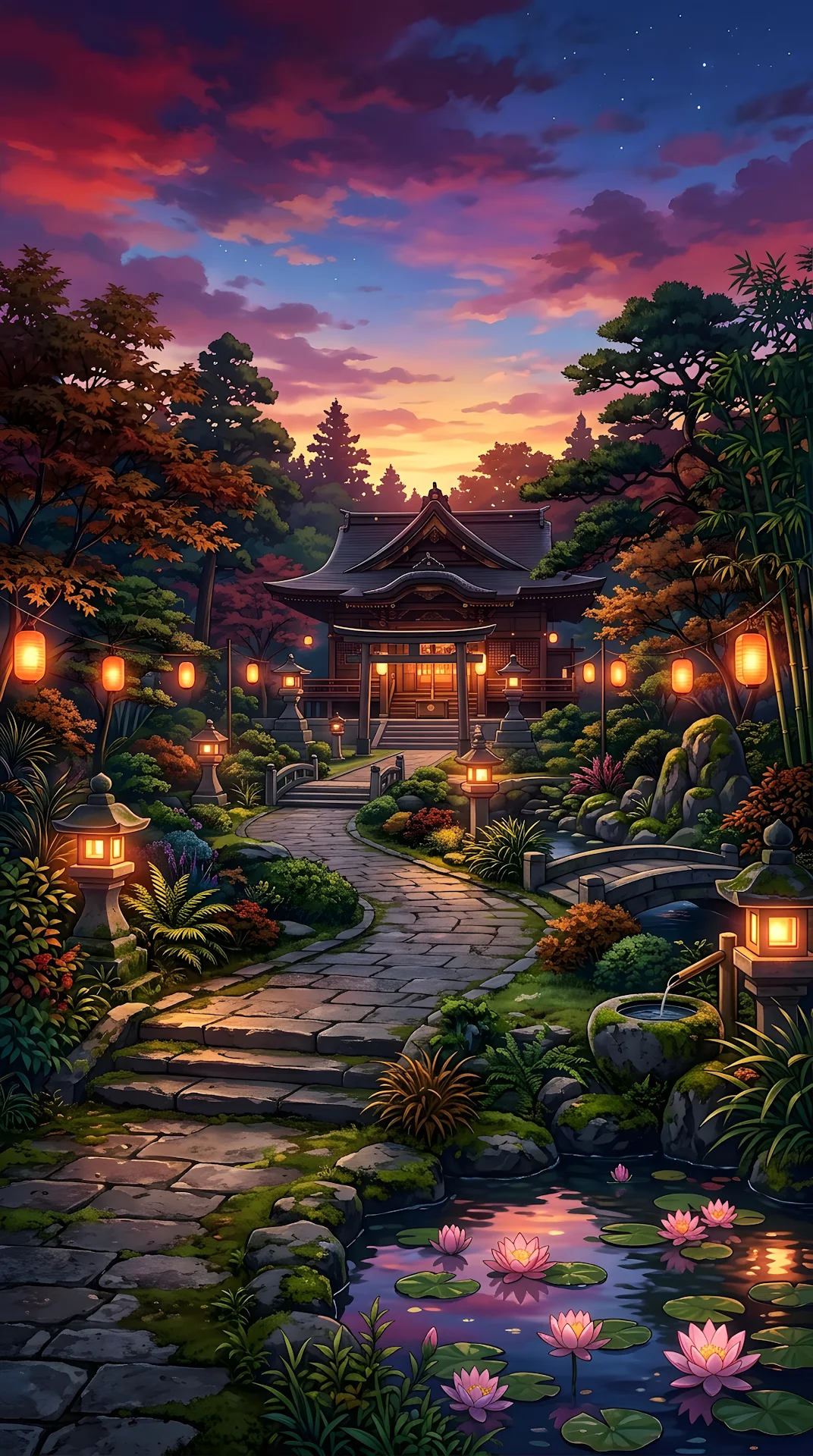Japanese Anime Style Temple Garden at Dusk with Lanterns and Lotus - Free 4K mobile Wallpaper