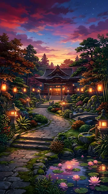 Japanese Anime Style Temple Garden at Dusk with Lanterns and Lotus - Free mobile Wallpaper
