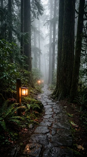 Japanese Cedar Forest with Stone Path and Lantern Wallpaper - Free 4K & 8K mobile Wallpaper