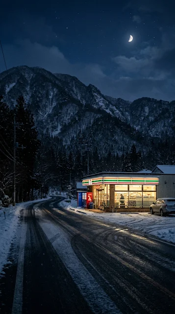 Japanese Convenience Store in Snow beside Mountain Road - Free 4K & 8K mobile Wallpaper