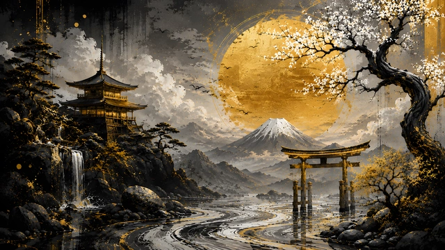 Traditional Japanese painting with Mount Fuji, a pagoda, torii gate, waterfall, and large gold circle.