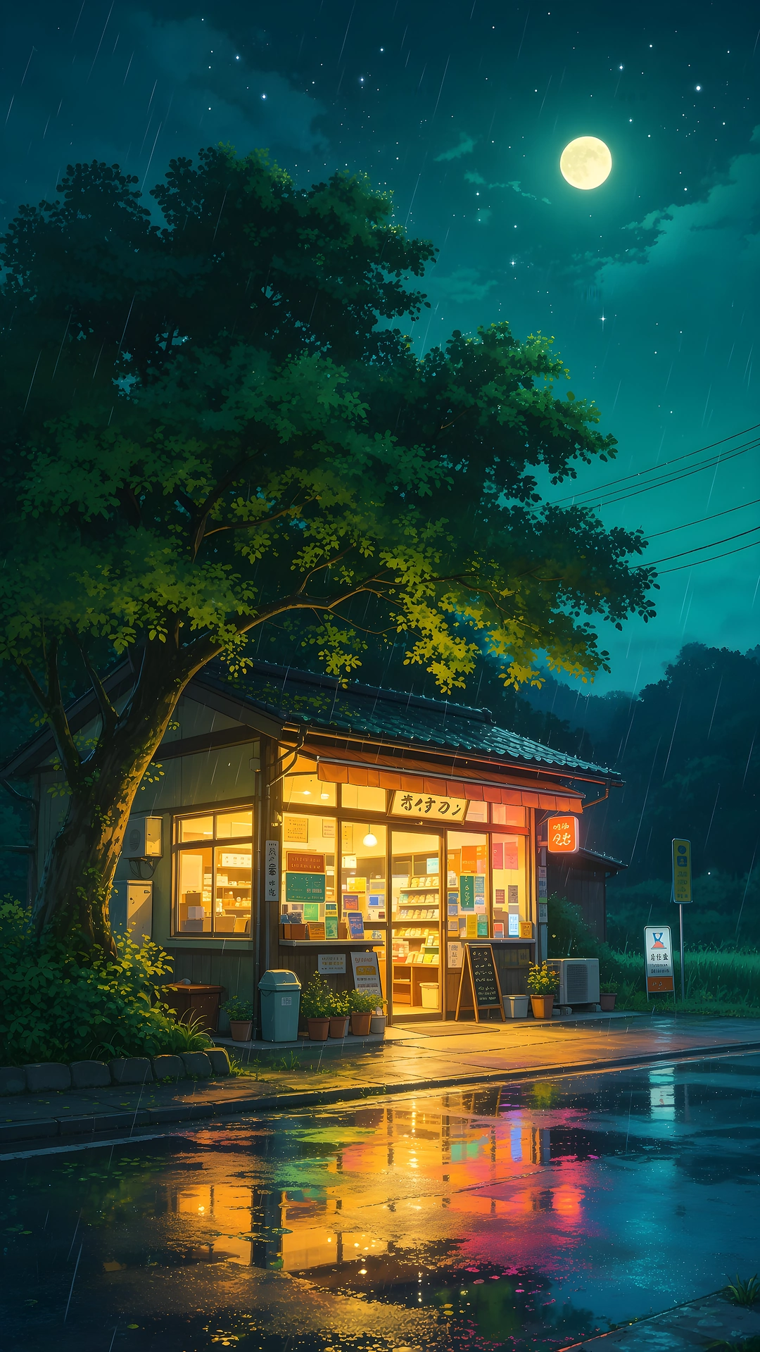 Japanese Night Store Rainy Moonlit 4K - Free 4K mobile Wallpaper