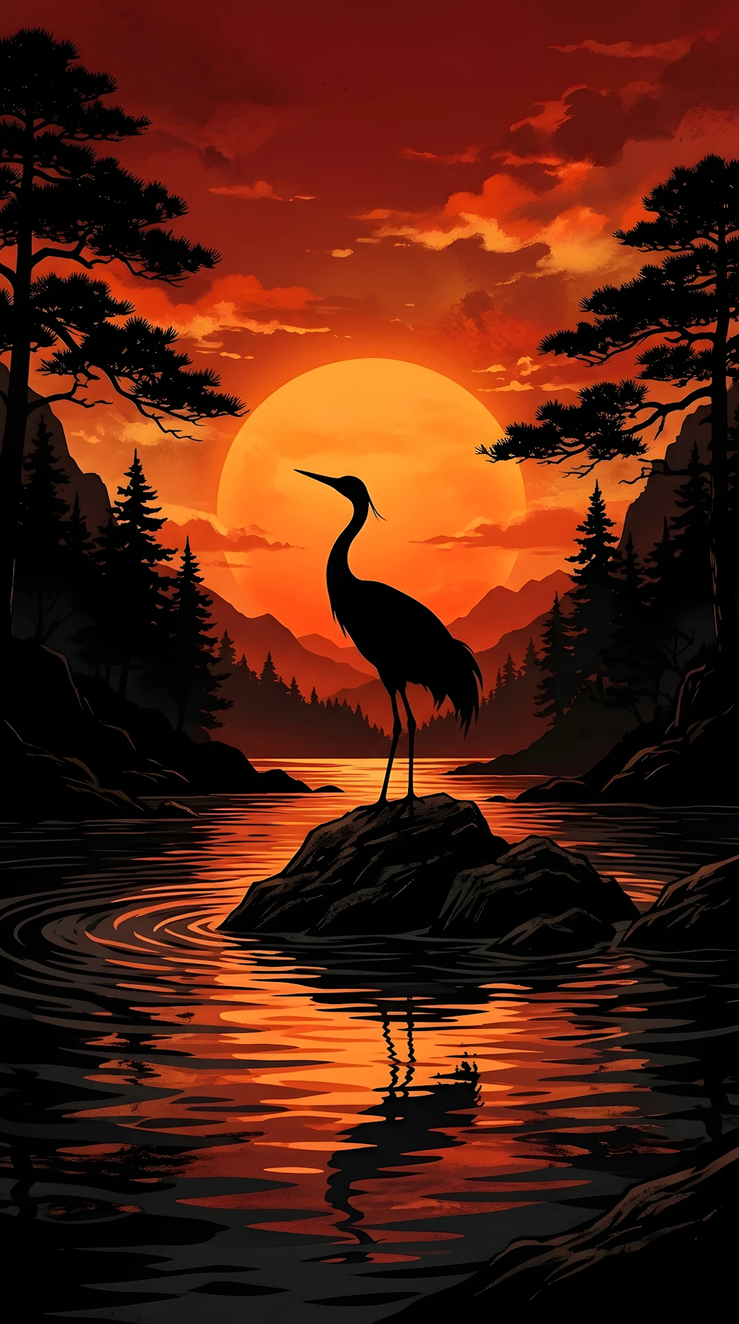 Japanese Style Illustration of a Crane Silhouette Standing in Front of a Giant Sun - Free 4K mobile Wallpaper