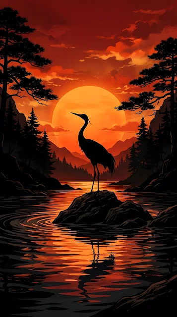 Japanese Style Illustration of a Crane Silhouette Standing in Front of a Giant Sun - Free mobile Wallpaper