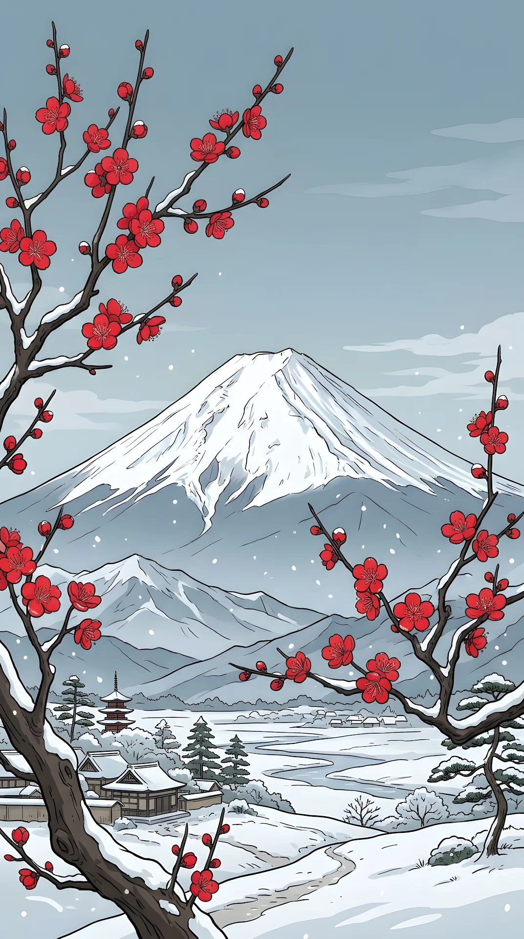 Japanese-Style Illustration of Red Blossoms and a Snowy Mountain Peak - Free 4K mobile Wallpaper