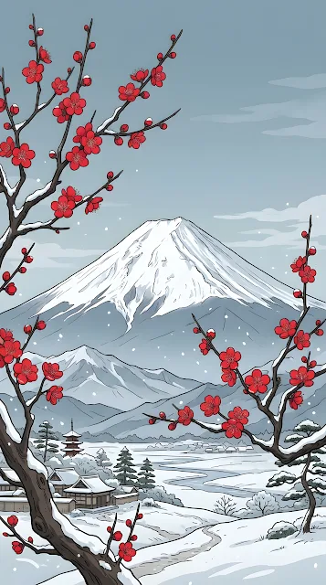 Japanese-Style Illustration of Red Blossoms and a Snowy Mountain Peak - Free mobile Wallpaper