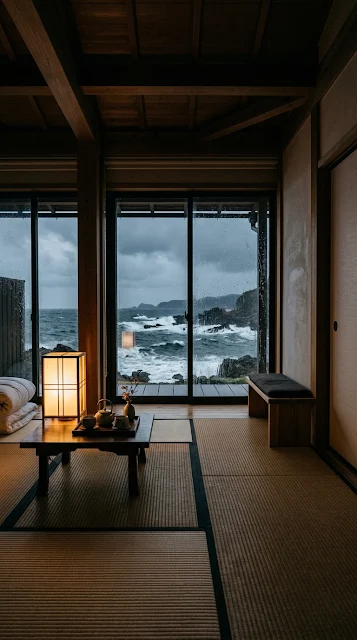 Japanese Tatami Room Stormy Ocean View Wallpaper - Free 4K & 8K mobile Wallpaper