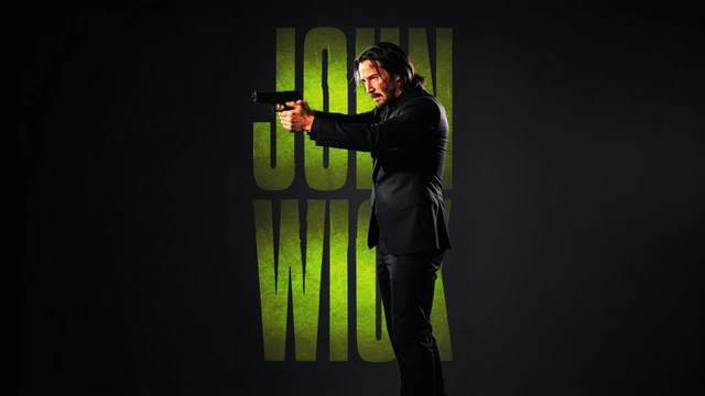 John Wick in a black suit aiming a handgun with textured yellow-green typography behind him on a dark backdrop.