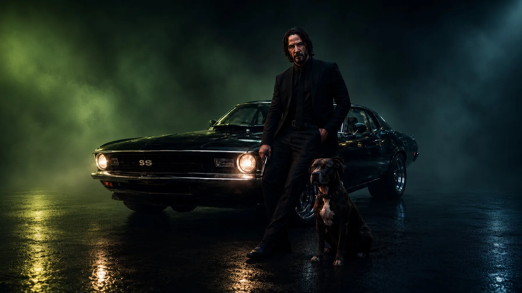 John Wick Muscle Car Dog Green Smoke 4K - Free 4K desktop Wallpaper