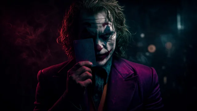 A man in Joker clown makeup and magenta suit holding a playing card in front of his face amid red smoke.