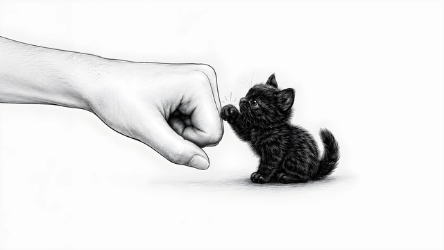 Pencil drawing of a small black kitten bumping paws with a human fist against a plain white background.