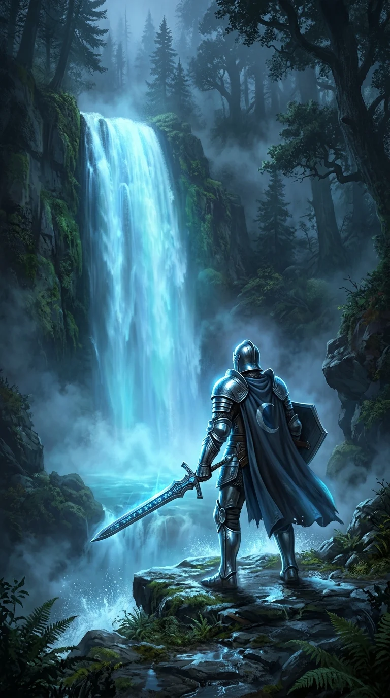 Download Knight in Shining Armor Before a Glowing Blue Waterfall Wallpaper in 4K UHD Knight in Shining Armor Before a Glowing Blue Waterfall - Free 8K and 4K mobile Wallpaper Background