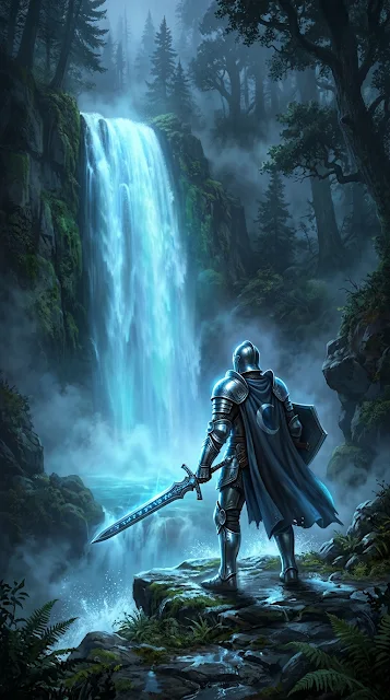 Knight in Shining Armor Before a Glowing Blue Waterfall - Free 4K & 8K mobile Wallpaper