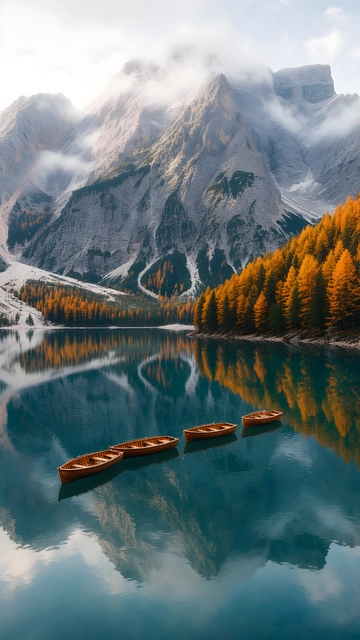 Four wooden rowboats moored in emerald water reflecting alpine mountains and golden autumn trees.