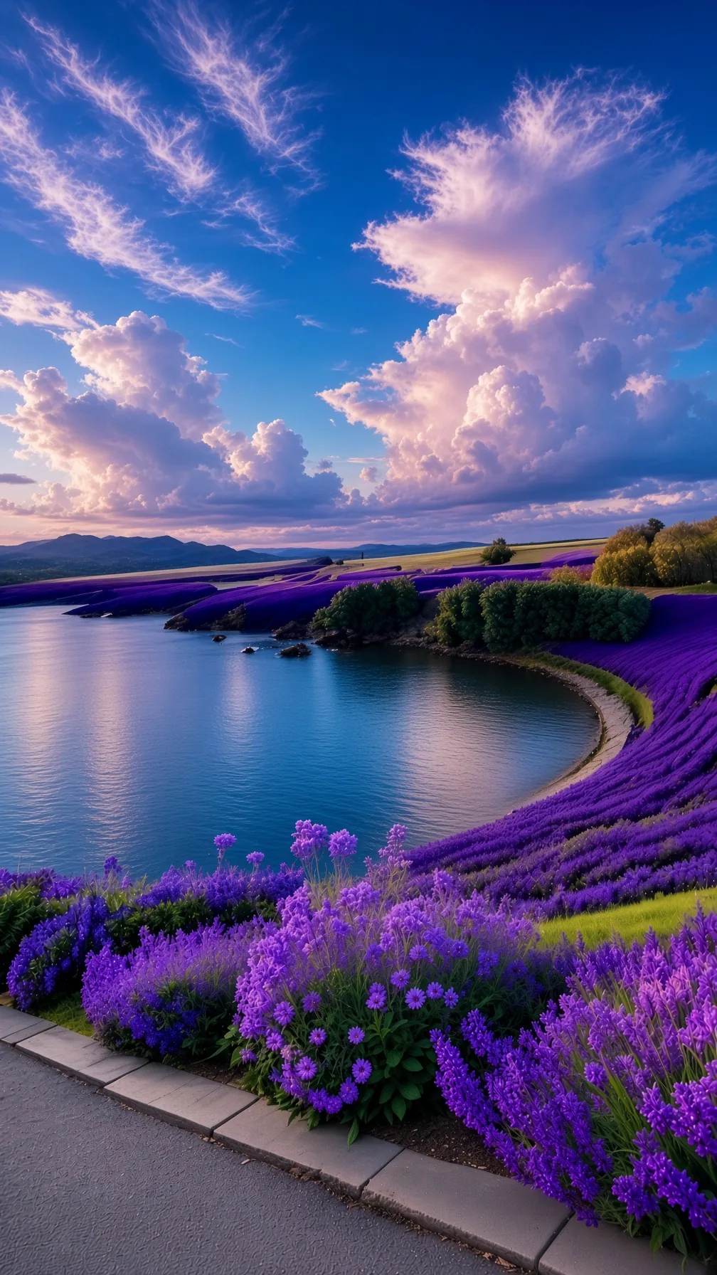 Lavender Lake Shore Sunset Clouds 4K - Free 4K mobile Wallpaper