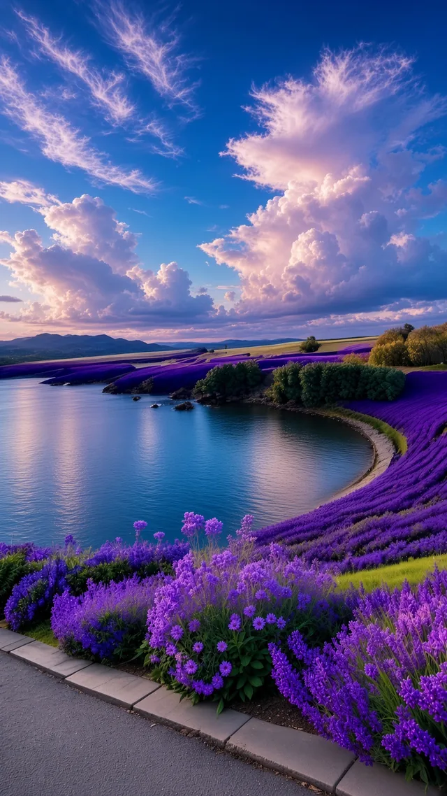 Curving purple lavender fields along a calm blue lake shore under soft pink and white clouds.