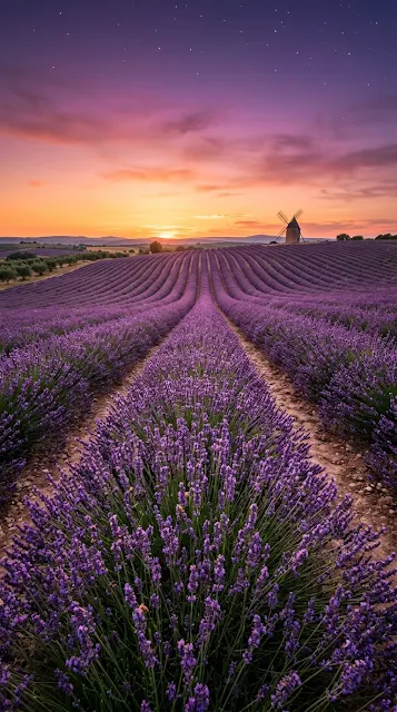 Lavender Fields at Sunset with Windmill Silhouette and First Stars - Free 4K & 8K mobile Wallpaper