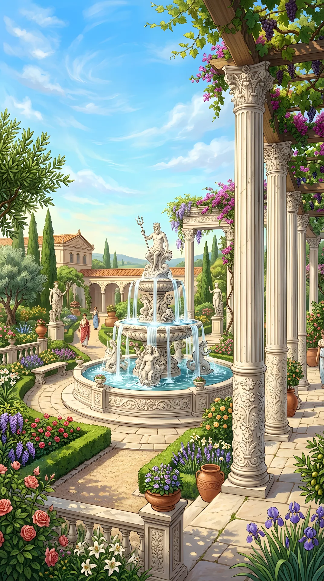 Lavish Roman Garden with White Marble Fountain and Fluted Columns - Free 4K mobile Wallpaper