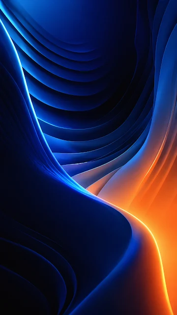 A sleek abstract composition of curved geometric architectural ribs in deep indigo, illuminated by a warm ambient orange edge light.