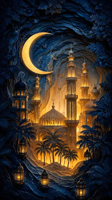 Intricate 3D papercut art of illuminated mosque minarets, palm trees, and large golden crescent moon at night.