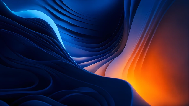 Smooth abstract three-dimensional curved layers in dark blue illuminated by warm orange light.