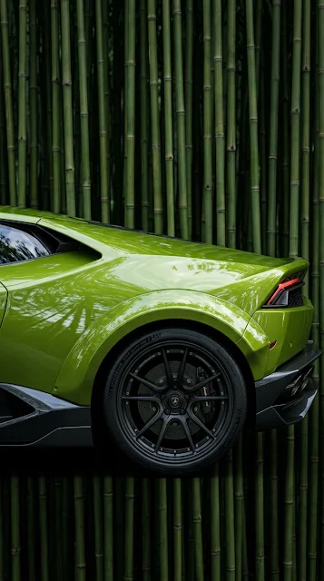 Lime Green Sports Car parked by Bamboo Stalks - Free 4K & 8K mobile Wallpaper