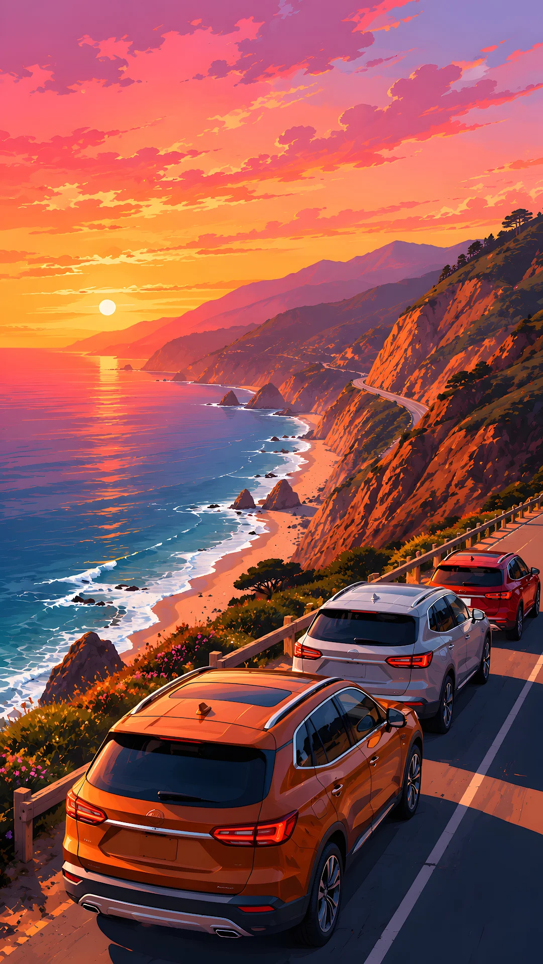 Line of modern SUVs parked along a scenic coastal highway at sunset - Free 4K mobile Wallpaper