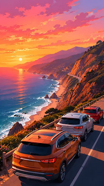 A stylized flat vector illustration of SUVs parked on a cliffside road overlooking a blue ocean during a warm mountain sunset.